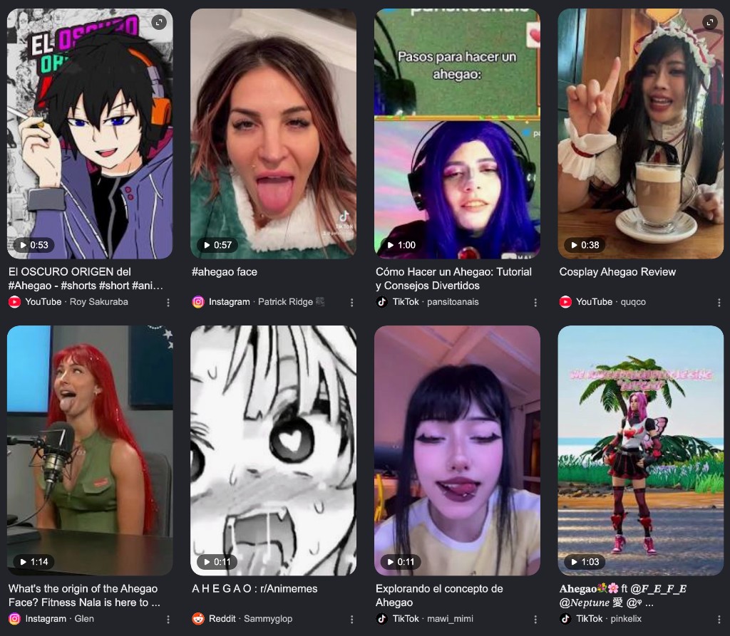 Collage of ahegao expression examples from anime, illustration, and social video thumbnails